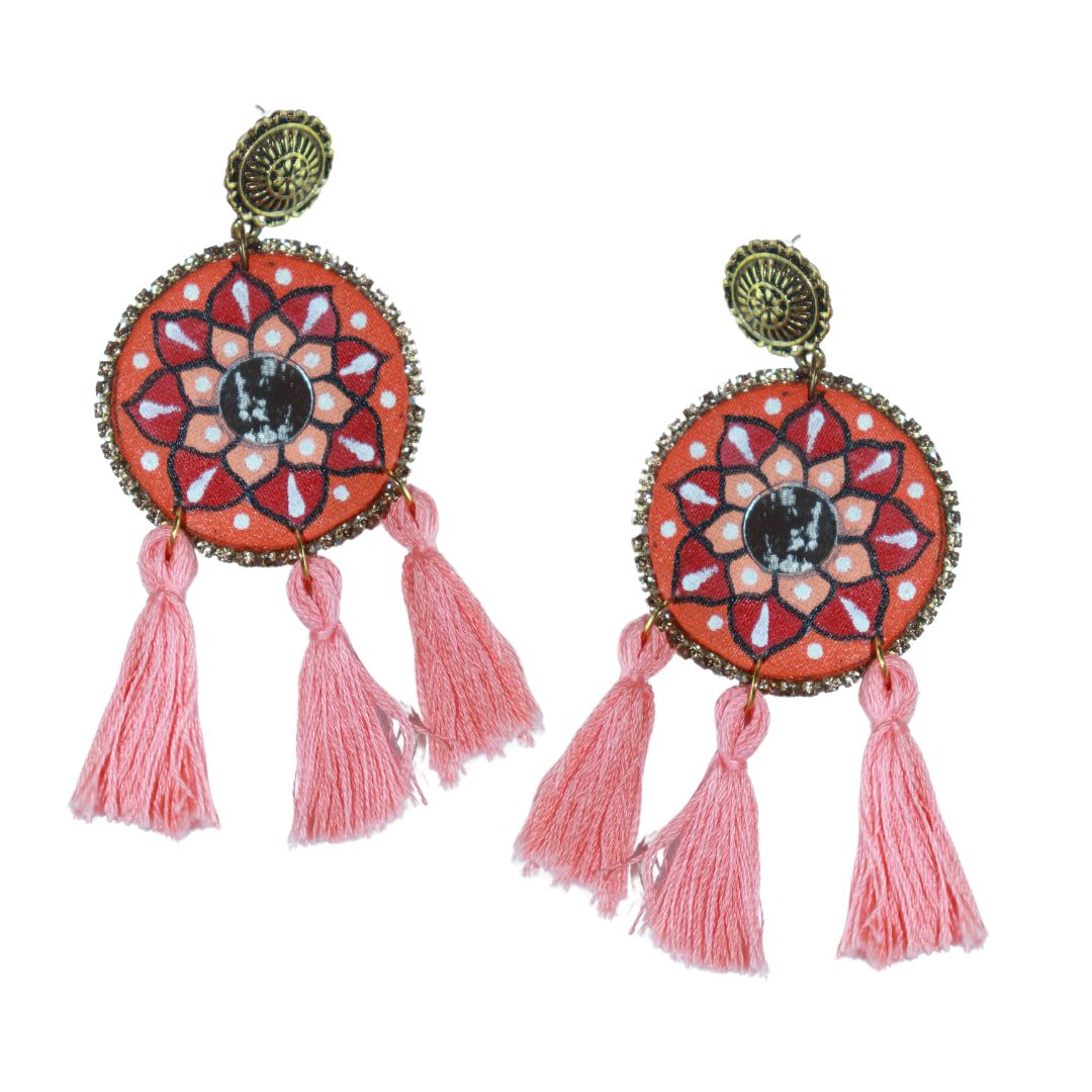 Roads To India Earrings for Women Big Hoop Dangle - Hand painted mandala - Handmade Earring