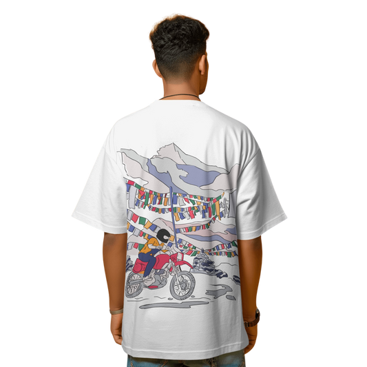 Roads to India Travel Tees - Ladakh Motorcycle Adventure Unisex Oversized T-Shirts - Half Sleeve Crew Neck - 100% Combed Cotton, Sustainable Ink Print, BioWashed, Side-Seamed, Graphic Printed