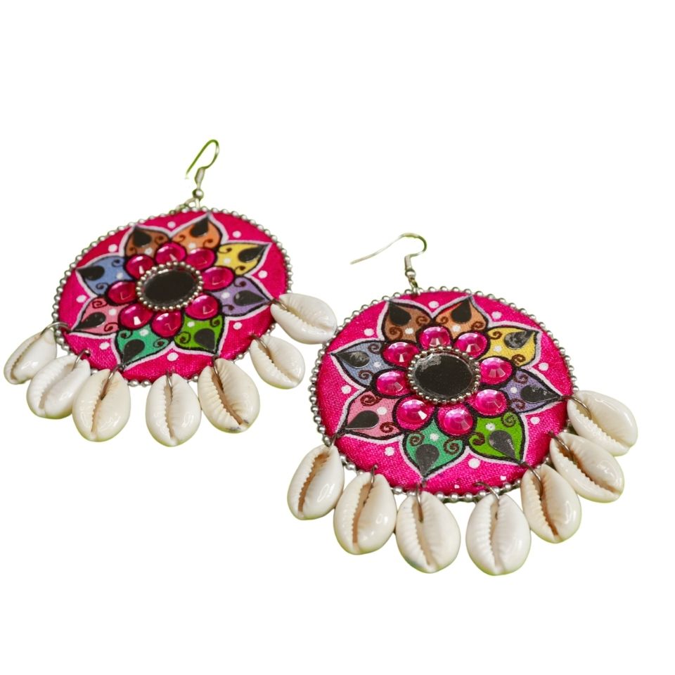 Roada To India - Seashell Hand Painted Stud Circle Earrings for Girls & Women - Mandala Art - Handmade Earrings