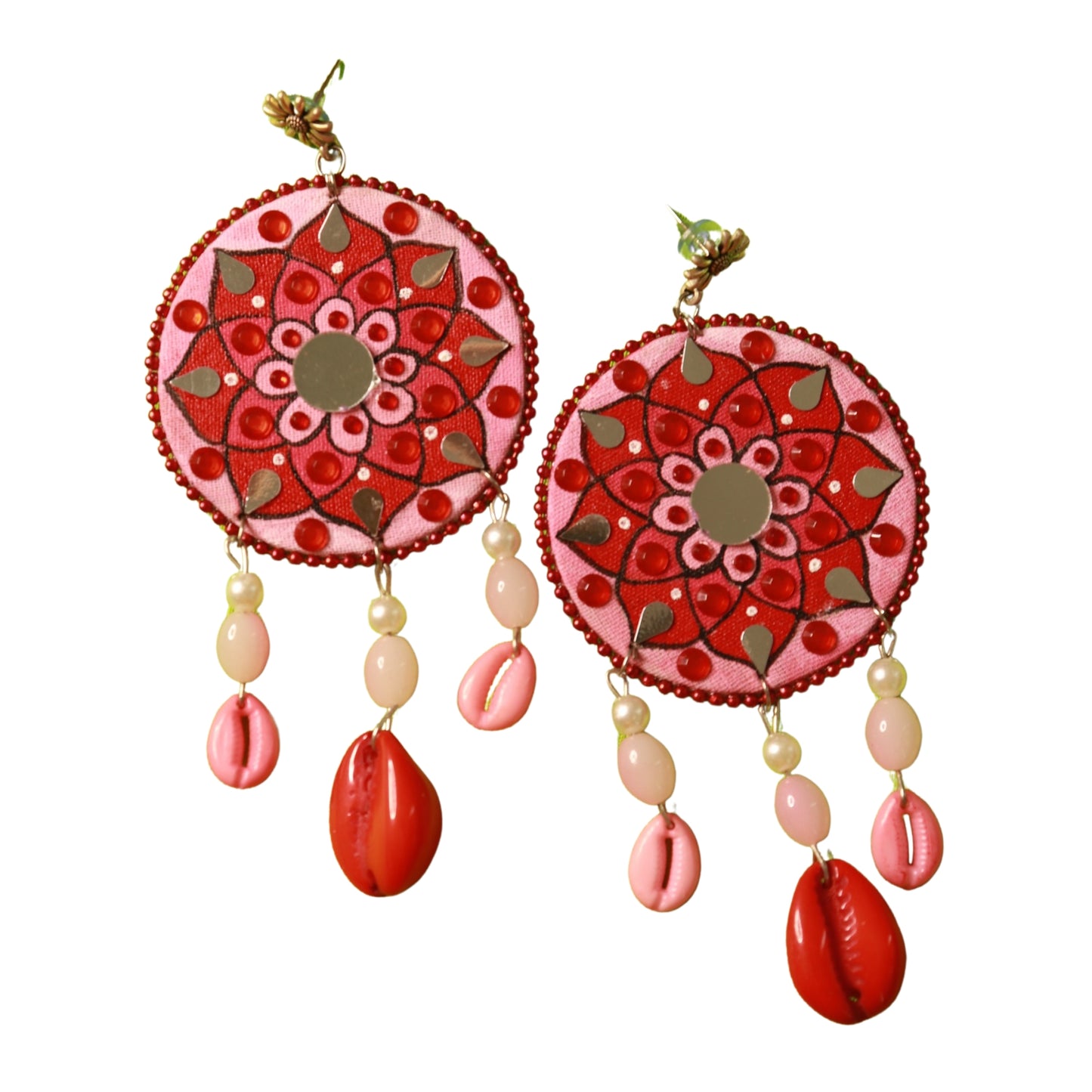 Roads To India Hand Painted Mandala Art With Seashell and Studs Dangle - Handmade Earrings