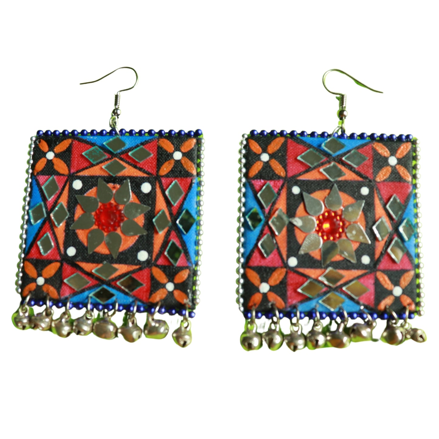 Roads To India Hand Painted Square With Mirror elements - Handmade Earrings