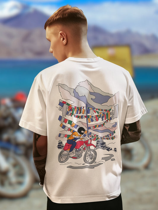 Roads to India Travel Tees - Ladakh Motorcycle Adventure Unisex Oversized T-Shirts - Half Sleeve Crew Neck - 100% Combed Cotton, Sustainable Ink Print, BioWashed, Side-Seamed, Graphic Printed
