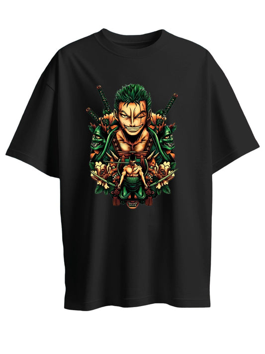 Roads to India® Men's Pure Cotton Casual T-Shirt – Roronoa Zoro Anime Tee Graphic Print | Unisex Fit (Regular & Oversized) | 180/220 GSM | Half Sleeve, Round Neck | S–5XL | Black