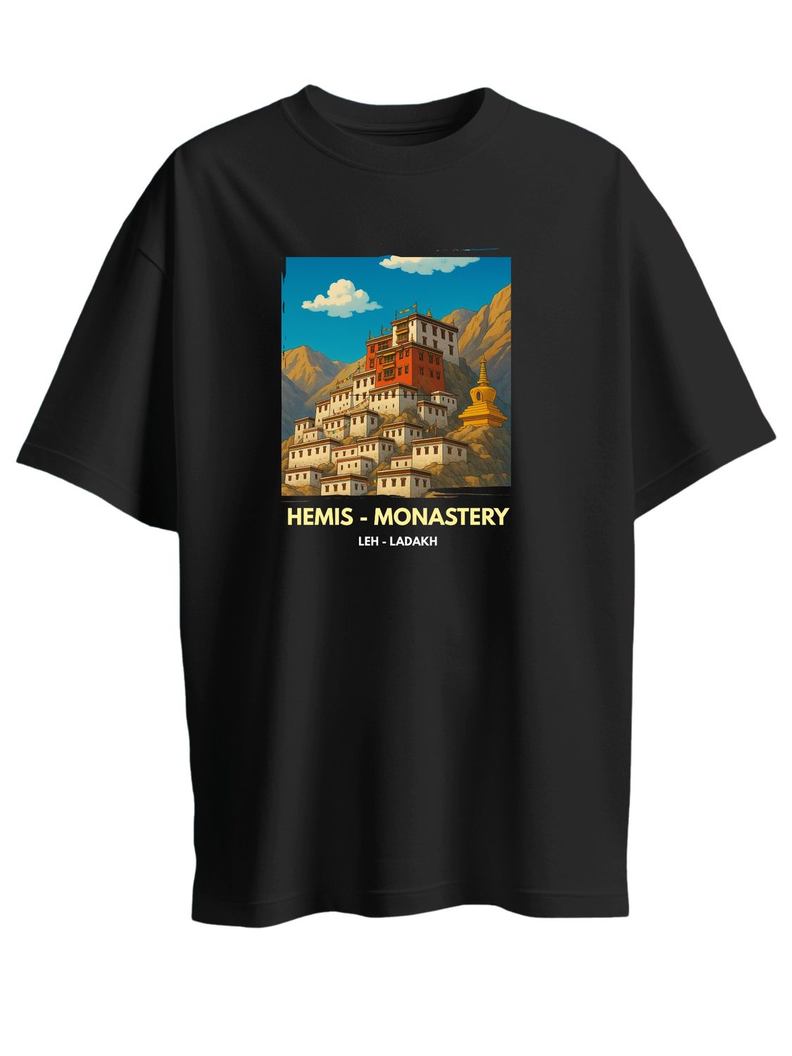 Roads to India® Men's Pure Cotton Travel T-Shirt – Hemis Monastery, Leh Graphic Tee | Drop Shoulder, Unisex Regular & Oversized | 180/220 GSM | Half Sleeve, Round Neck | Sizes S–5XL | Black, Blue