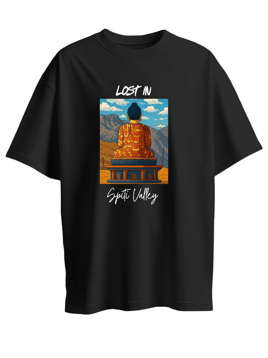 Roads to India® Pure Cotton Regular, Oversized Travel t-shirt for Men - Lost in Spiti Valley - Unisex Round Neck Printed Casual fit Drop Shoulder 180-220 GSM | S - 5XL | Black