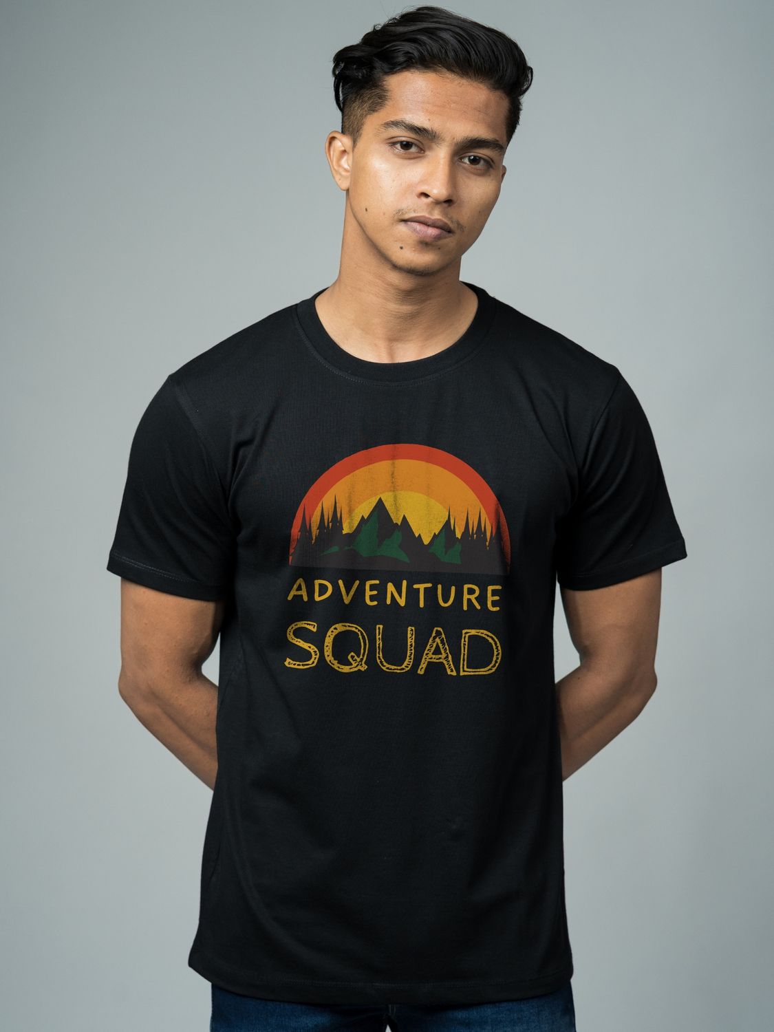 Roads to India® Cotton T-Shirt for Men – Adventure Squad Graphic Print Tee | Half Sleeve Round Neck | Unisex Regular Fit | 180 GSM | Black, Navy Blue, Olive, Red | S to 5XL