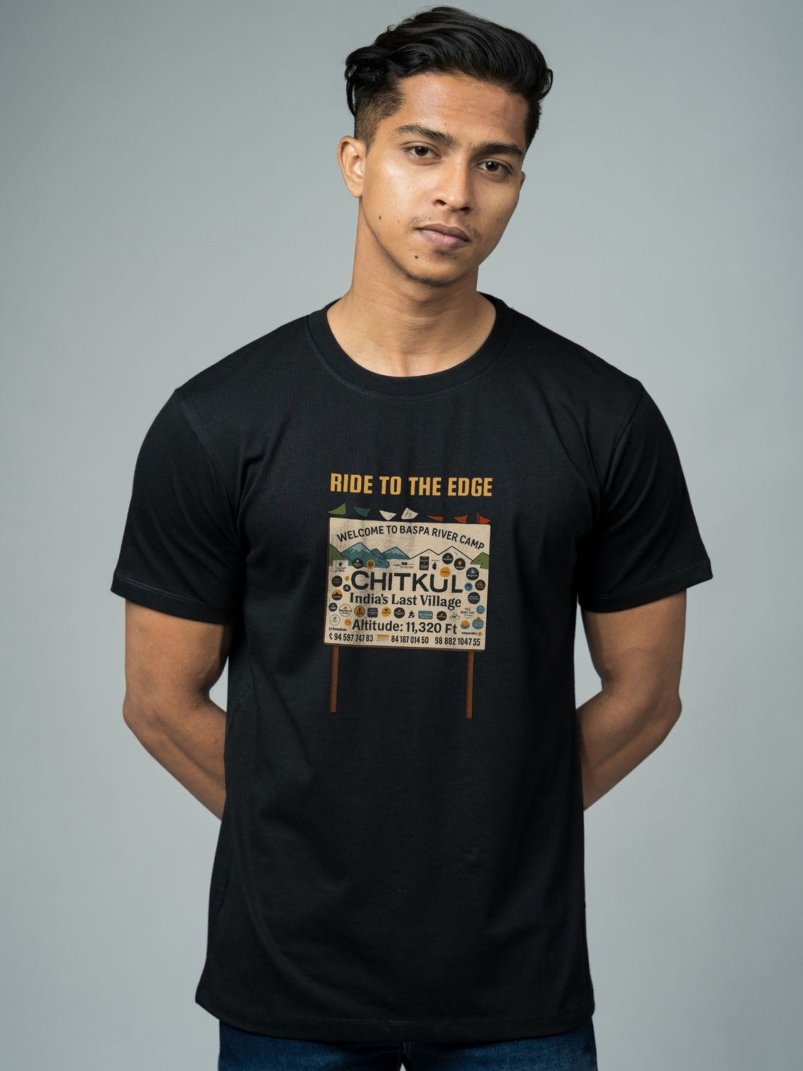 Roads to India® Pure Cotton Regular, Oversized Travel t-shirt for Men - Chitkul Ride - Unisex Round Neck Printed Casual fit Drop Shoulder 180-220 GSM | S - 5XL | Black