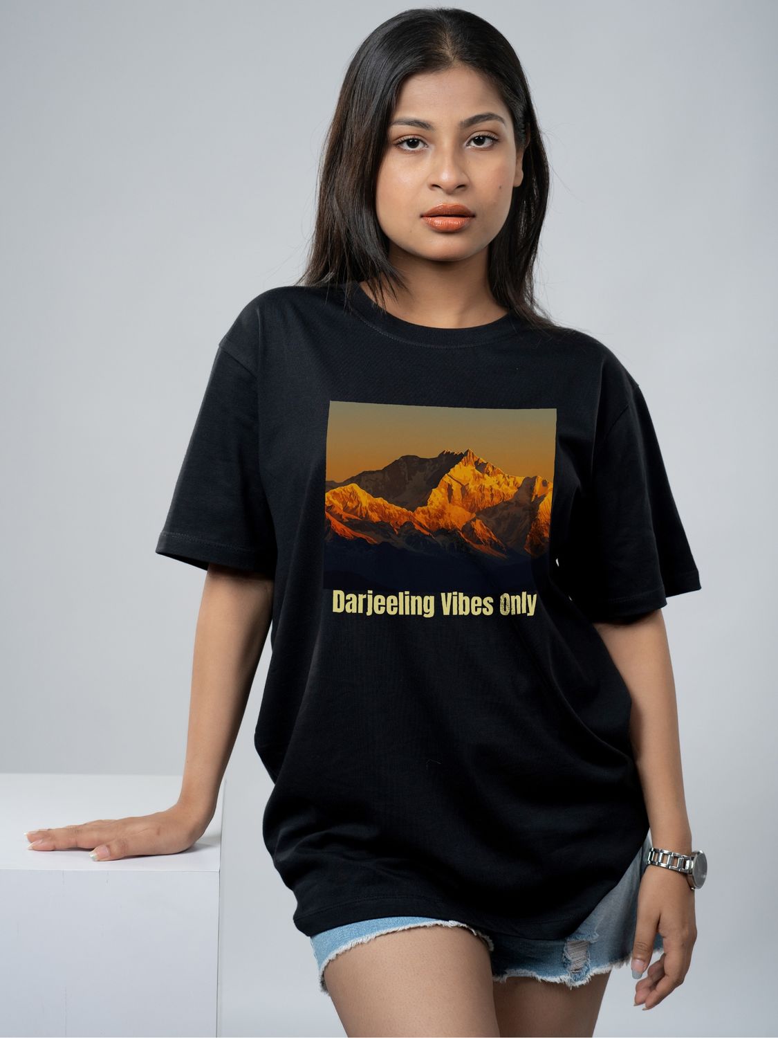 Roads to India® Pure Cotton Regular, Oversized Travel t-shirt for Men - Darjeeling - Unisex Round Neck Printed Casual fit Drop Shoulder 180-220 GSM | S - 5XL | Black