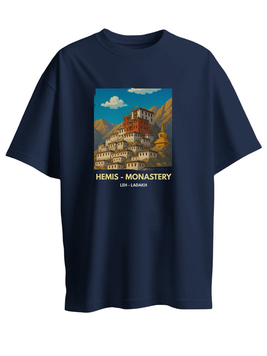 Roads to India® Men's Pure Cotton Travel T-Shirt – Hemis Monastery, Leh Graphic Tee | Drop Shoulder, Unisex Regular & Oversized | 180/220 GSM | Half Sleeve, Round Neck | Sizes S–5XL | Black, Blue