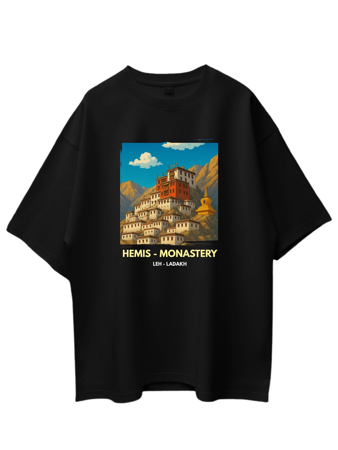 Roads to India® Men's Pure Cotton Travel T-Shirt – Hemis Monastery, Leh Graphic Tee | Drop Shoulder, Unisex Regular & Oversized | 180/220 GSM | Half Sleeve, Round Neck | Sizes S–5XL | Black, Blue
