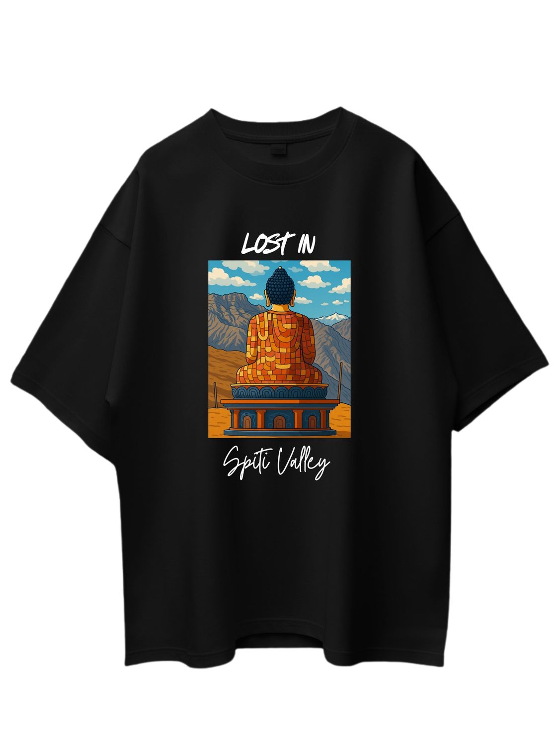 Roads to India® Pure Cotton Regular, Oversized Travel t-shirt for Men - Lost in Spiti Valley - Unisex Round Neck Printed Casual fit Drop Shoulder 180-220 GSM | S - 5XL | Black