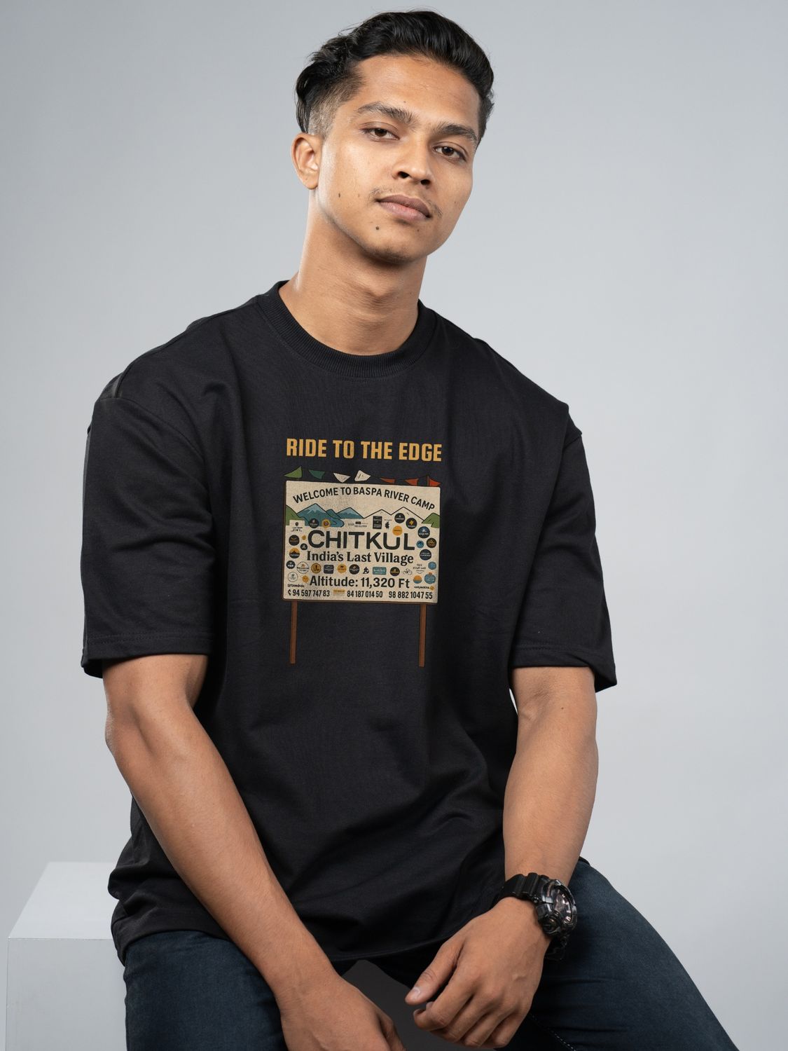 Roads to India® Pure Cotton Regular, Oversized Travel t-shirt for Men - Chitkul Ride - Unisex Round Neck Printed Casual fit Drop Shoulder 180-220 GSM | S - 5XL | Black