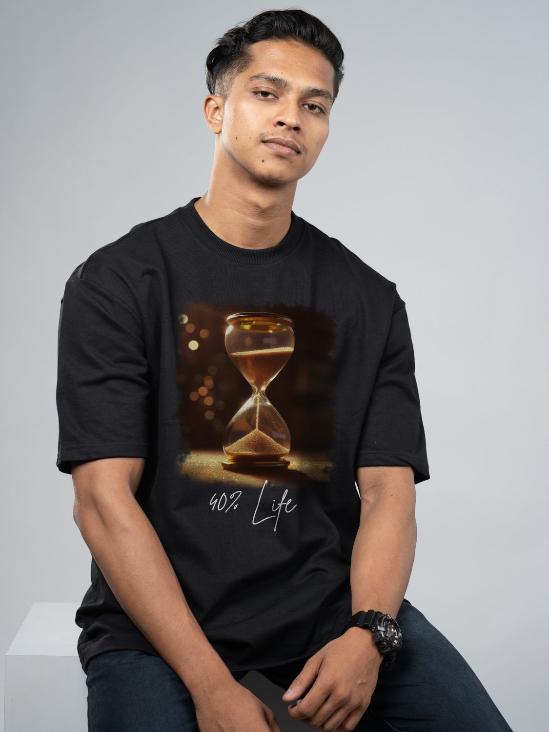 Roads to India® Men's Pure Cotton Casual T-Shirt – Life Percentage Hour Glass Graphic Tee | Unisex Fit (Regular & Oversized) | 180/220 GSM | Half Sleeve, Round Neck | S–5XL | Black, Navy Blue