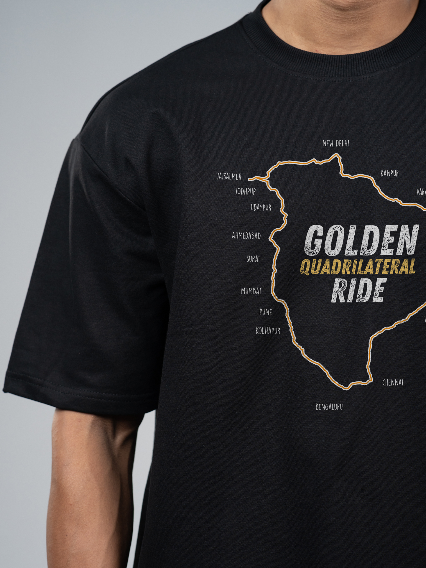Roads to India® Men’s Travel T-Shirt – 100% Cotton Golden Quadrilateral Ride Graphic Tee | Unisex Regular & Oversized Fit| 180/220 GSM | Half Sleeve | S–5XL | Black, Navy Blue, Red, Olive Green