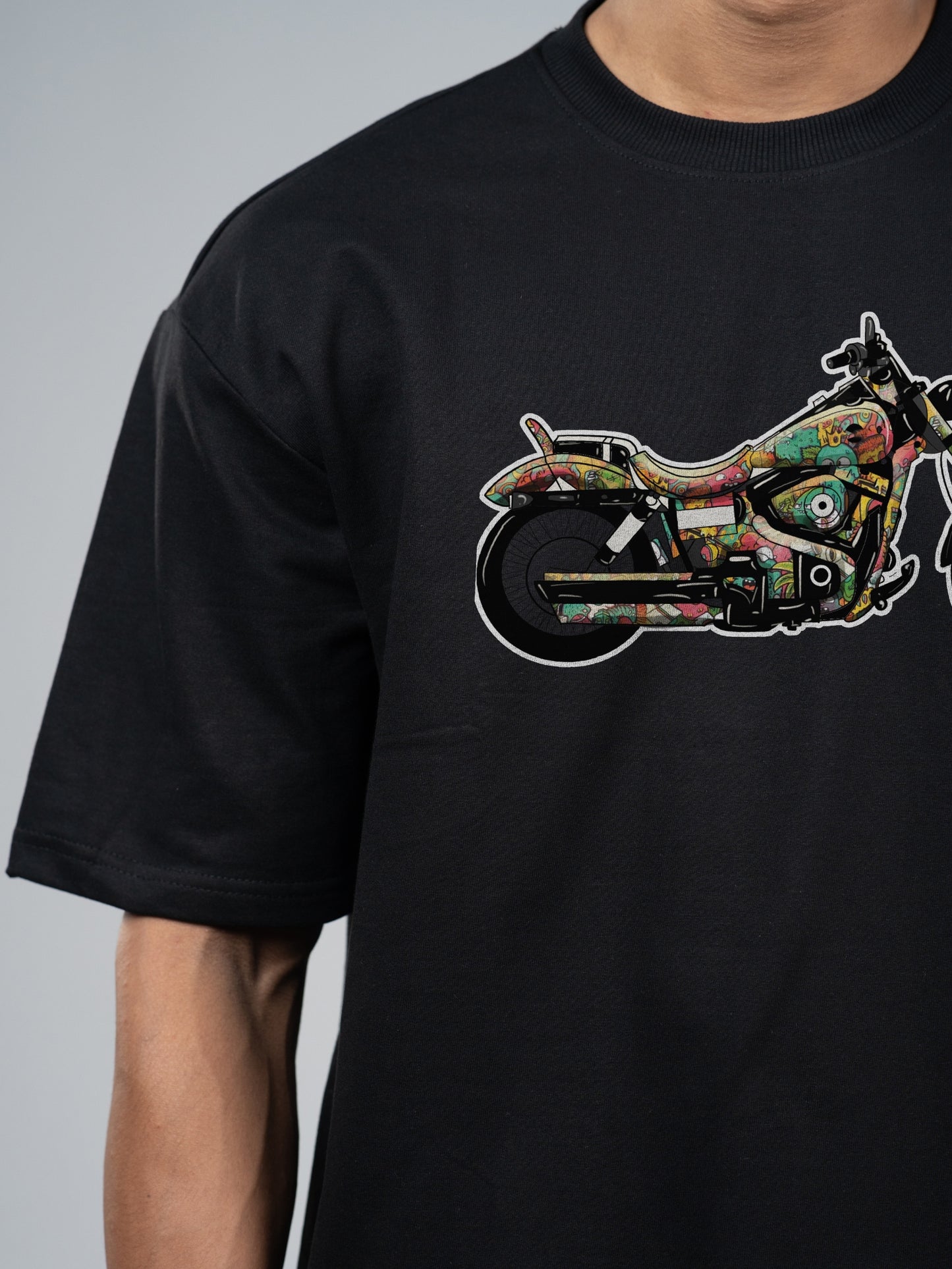Roads to India® T-Shirt for Men – 100% Cotton Motorcycle Doodle Half Sleeve Round Neck Graphic Print Tee | Regular & Oversized Fit | 180/220 GSM | S–5XL | Navy Blue, Black