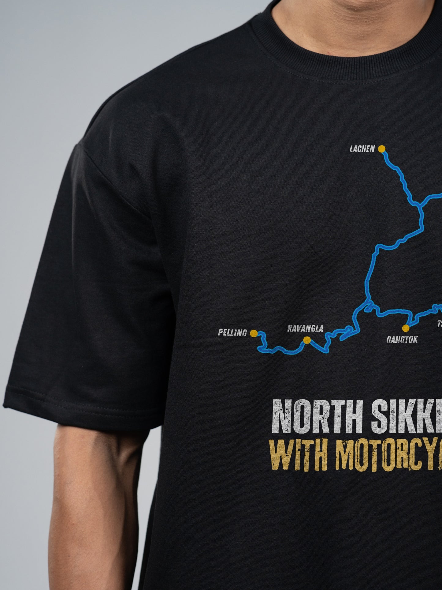 Roads to India® Men's Cotton Motorcycle T-Shirt – North Sikkim with Motorcycle Graphic Tee | Unisex Fit (Regular & Oversized) | 180/220 GSM | Half Sleeve, Round Neck | S–5XL | Black, Navy Blue
