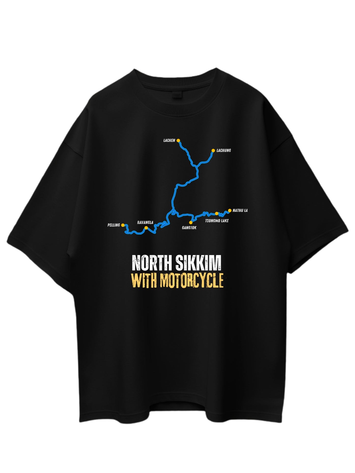 Roads to India® Men's Cotton Motorcycle T-Shirt – North Sikkim with Motorcycle Graphic Tee | Unisex Fit (Regular & Oversized) | 180/220 GSM | Half Sleeve, Round Neck | S–5XL | Black, Navy Blue