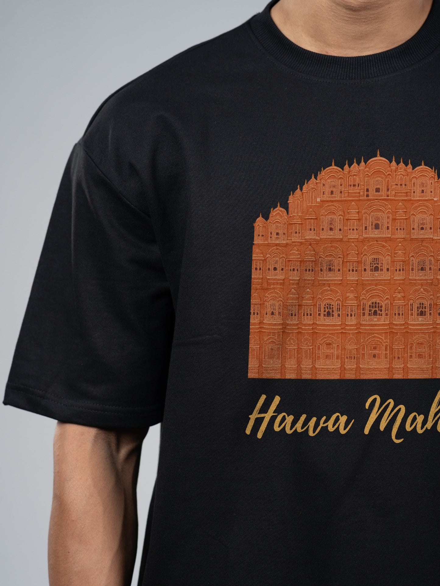 Roads to India® Pure Cotton Regular, Oversized Travel t-shirt for Men - Hawa Mahal Rajasthan - Unisex Round Neck Printed Casual fit Drop Shoulder 180-220 GSM | S - 5XL | Black