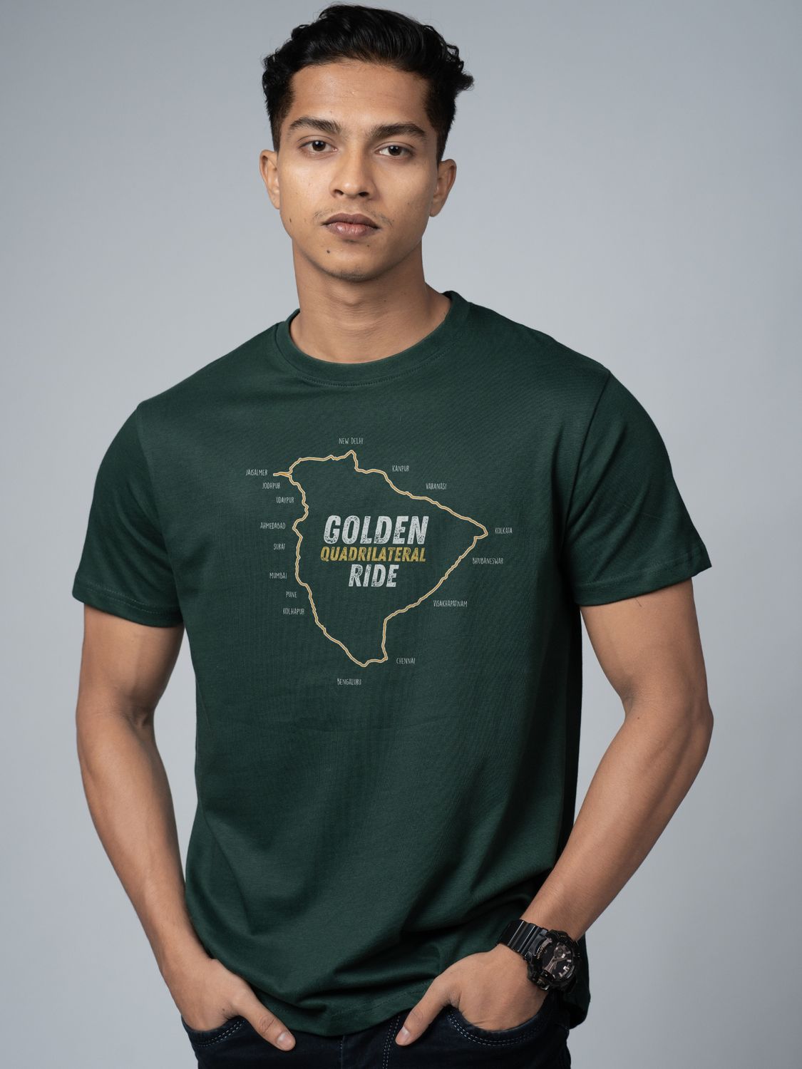 Roads to India® Men’s Travel T-Shirt – 100% Cotton Golden Quadrilateral Ride Graphic Tee | Unisex Regular & Oversized Fit| 180/220 GSM | Half Sleeve | S–5XL | Black, Navy Blue, Red, Olive Green