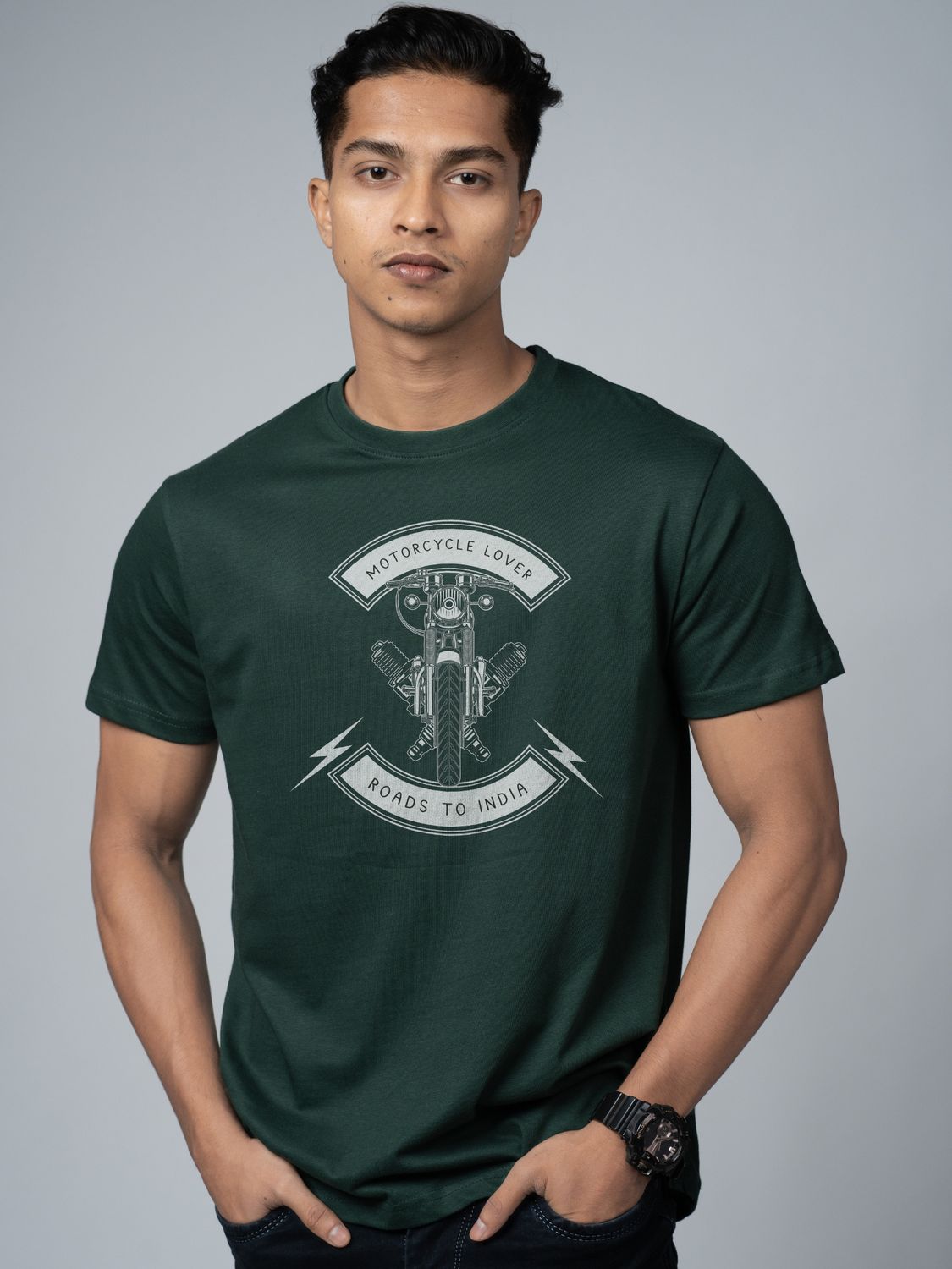 Roads to India® T-Shirt for Men – 100% Cotton Motorcycle Lover Half Sleeve Round Neck Graphic Print Tee | Regular & Oversized Fit | 180/220 GSM | S–5XL | Navy Blue, Red, Olive Green, Black