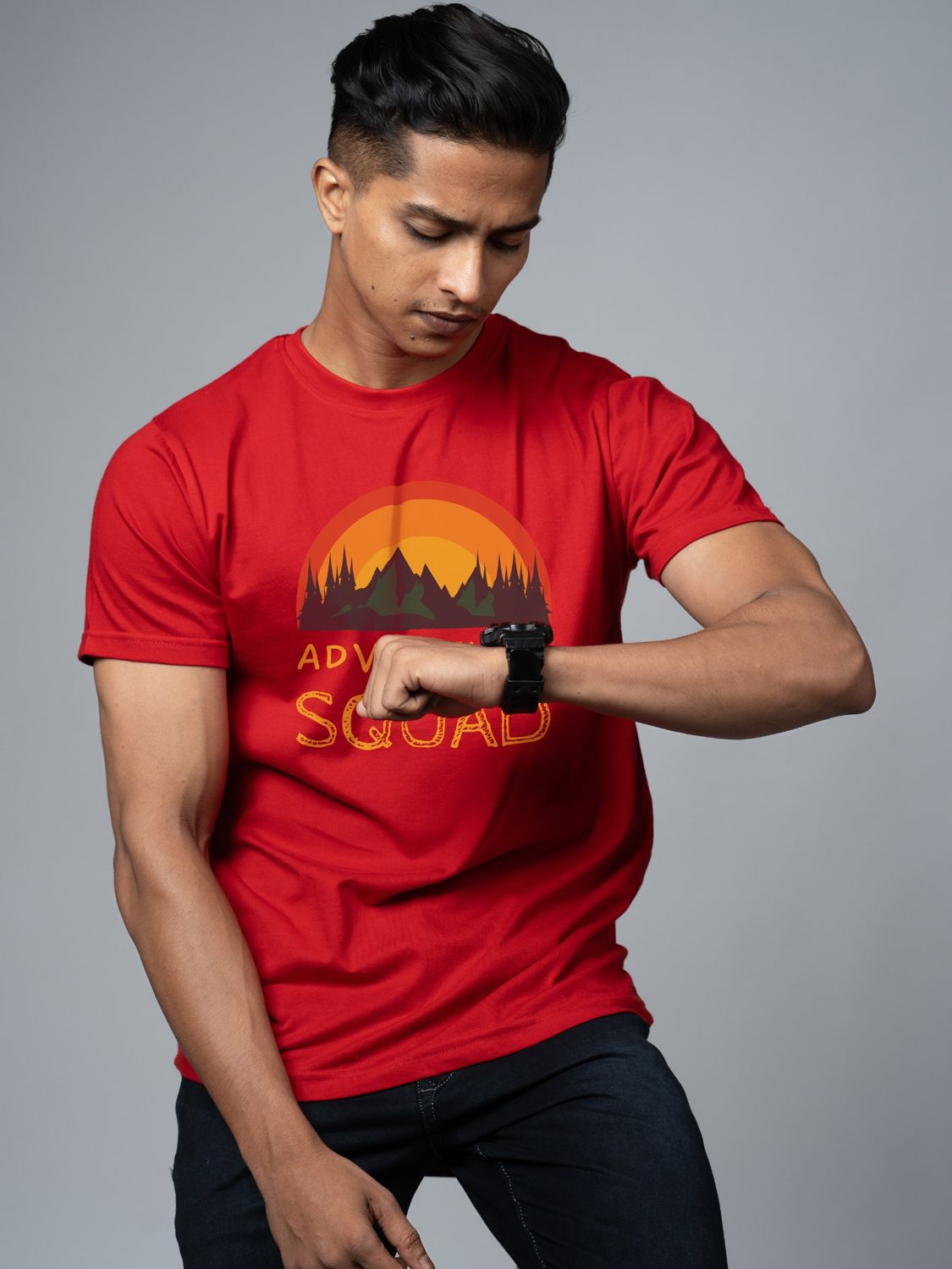 Roads to India® Cotton T-Shirt for Men – Adventure Squad Graphic Print Tee | Half Sleeve Round Neck | Unisex Regular Fit | 180 GSM | Black, Navy Blue, Olive, Red | S to 5XL