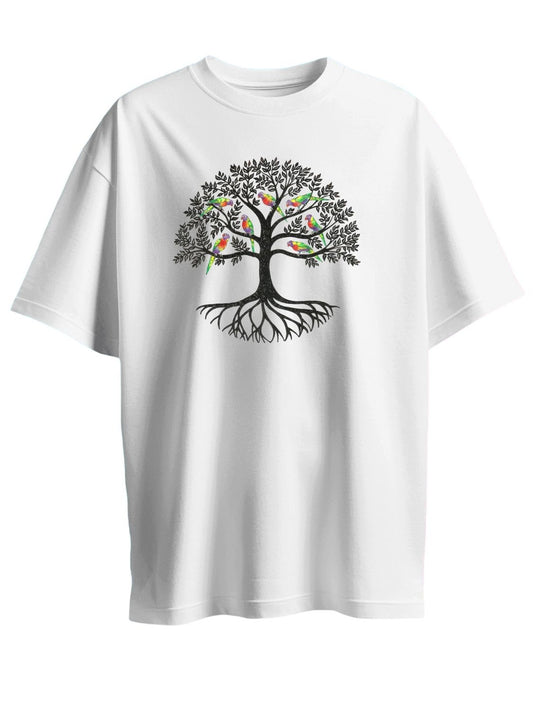 Roads to India® Women's Pure Cotton Casual T-Shirt – Tree of Life Graphic Tee | Unisex Fit (Regular & Oversized) | 180/220 GSM | Half Sleeve, Round Neck | S–5XL | White