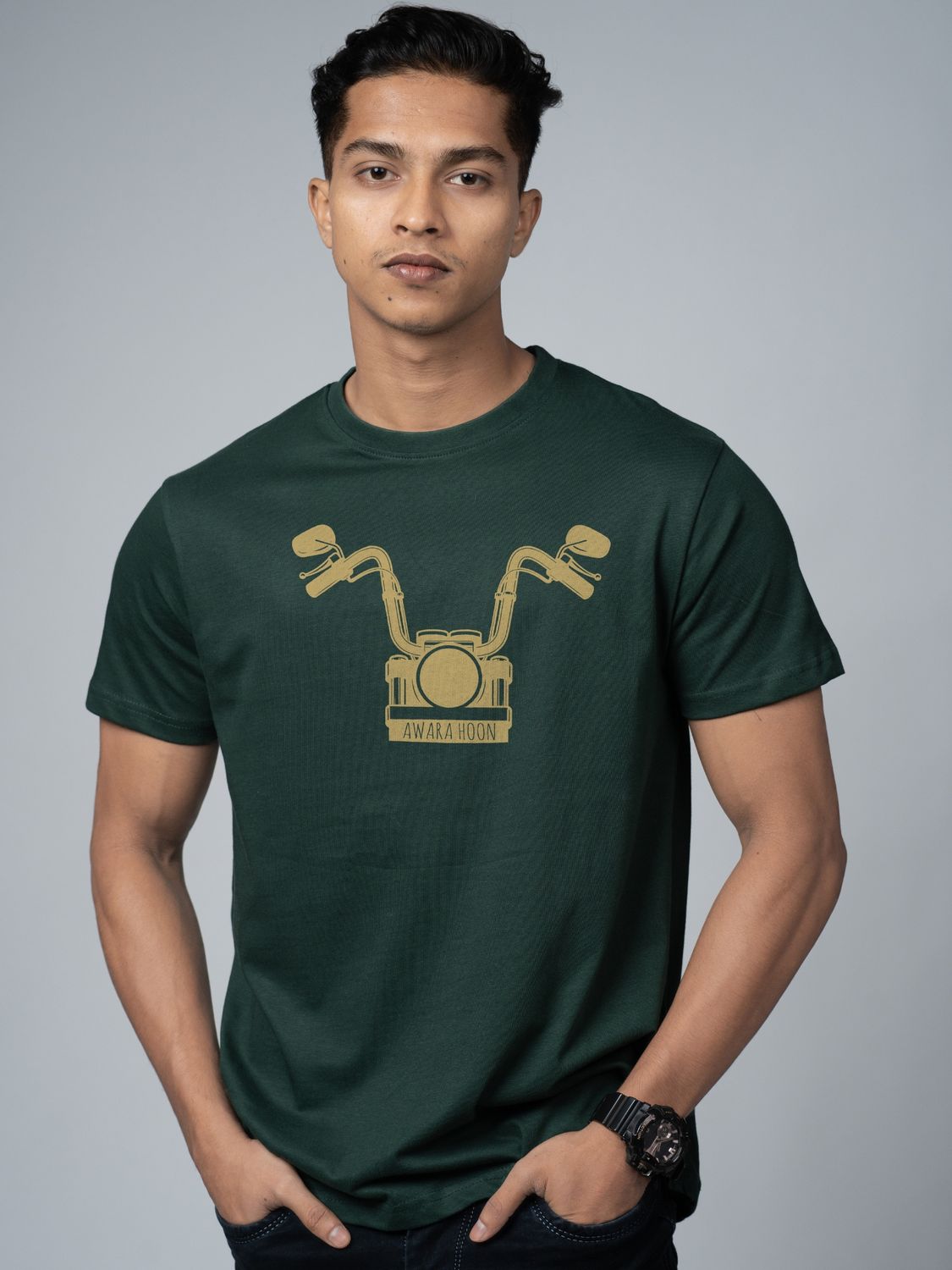 Roads to India® Men's Pure Cotton Trekking T-Shirt – Aawara Hoon Graphic Tee | Unisex Regular & Oversized Fit | 180/220 GSM | Half Sleeve Round Neck | S–5XL | White, Green, Yellow