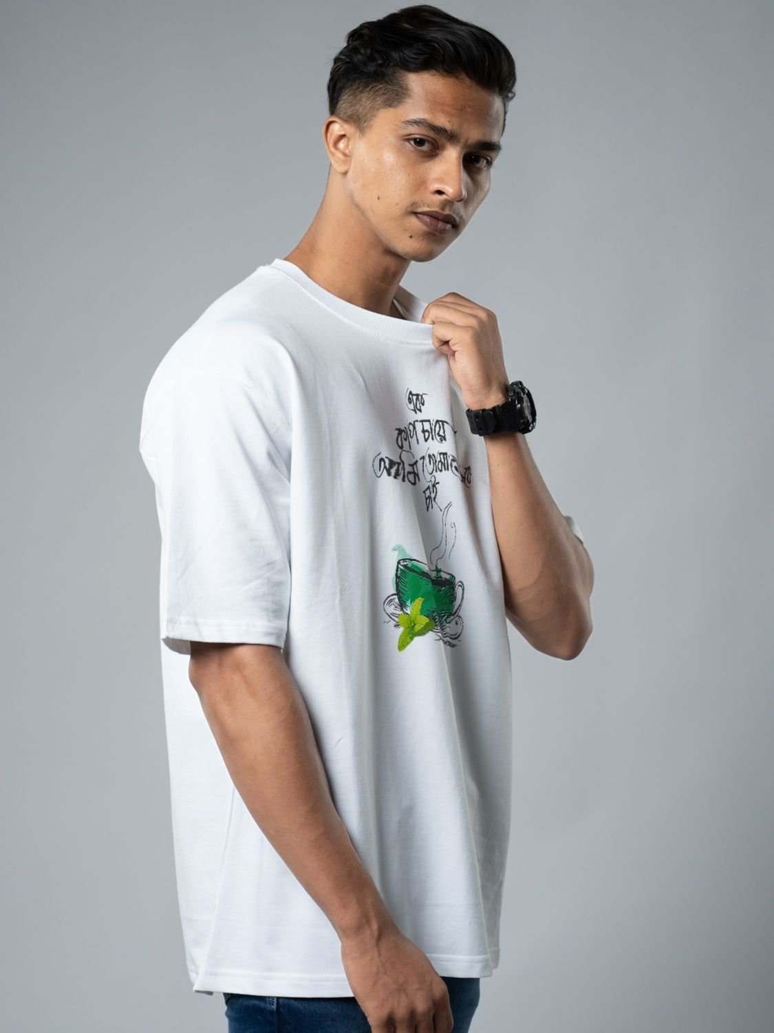Roads to India® Men's Pure Cotton Casual T-Shirt – Tomake Chai Bengali Quote Graphic Tee | Unisex Fit (Regular & Oversized) | 180/220 GSM | Half Sleeve, Round Neck | S–5XL | White