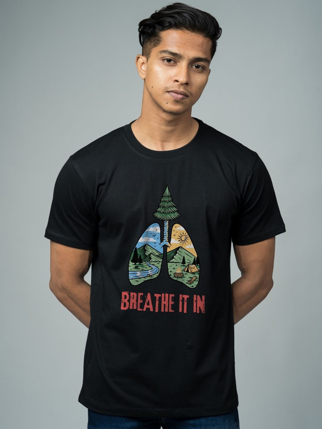 Roads to India® Cotton T-Shirt for Men – Breathe It In Graphic Print Tee | Half Sleeve Round Neck | Unisex Regular & Oversized Fit | 180/220 GSM | White, Golden Yellow | S to 5XL