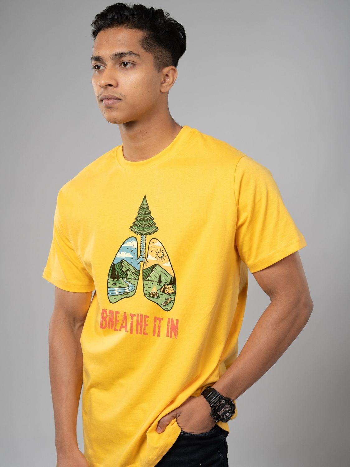 Roads to India® Cotton T-Shirt for Men – Breathe It In Graphic Print Tee | Half Sleeve Round Neck | Unisex Regular & Oversized Fit | 180/220 GSM | White, Golden Yellow | S to 5XL