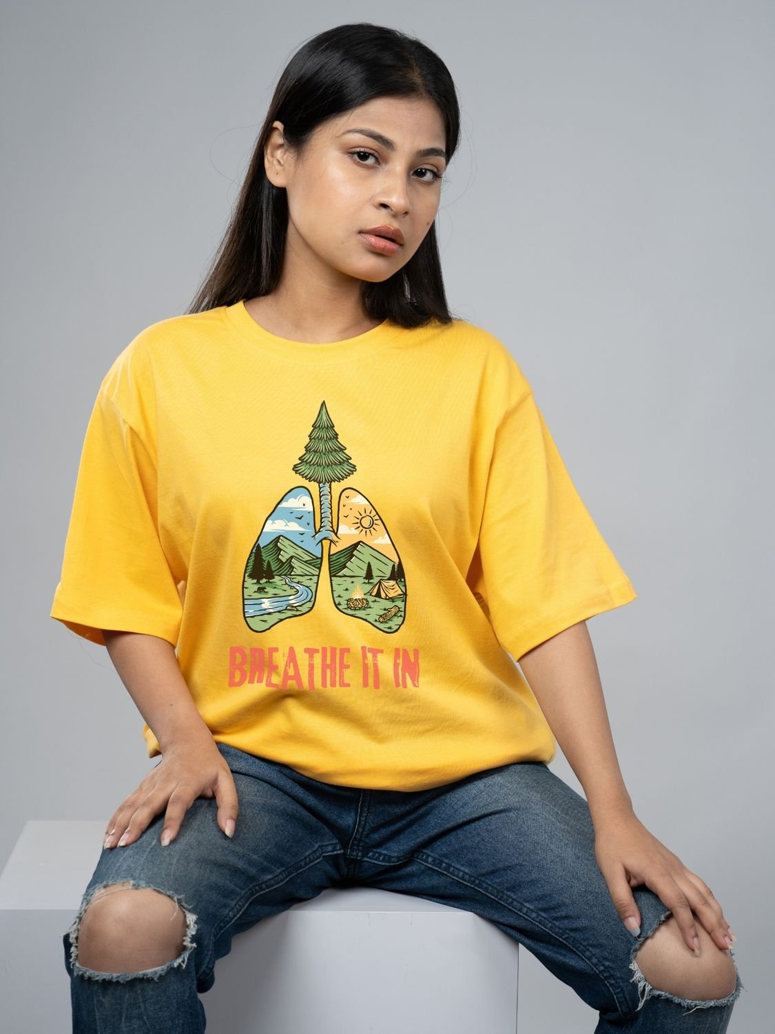 Roads to India® Cotton T-Shirt for Men – Breathe It In Graphic Print Tee | Half Sleeve Round Neck | Unisex Regular & Oversized Fit | 180/220 GSM | White, Golden Yellow | S to 5XL