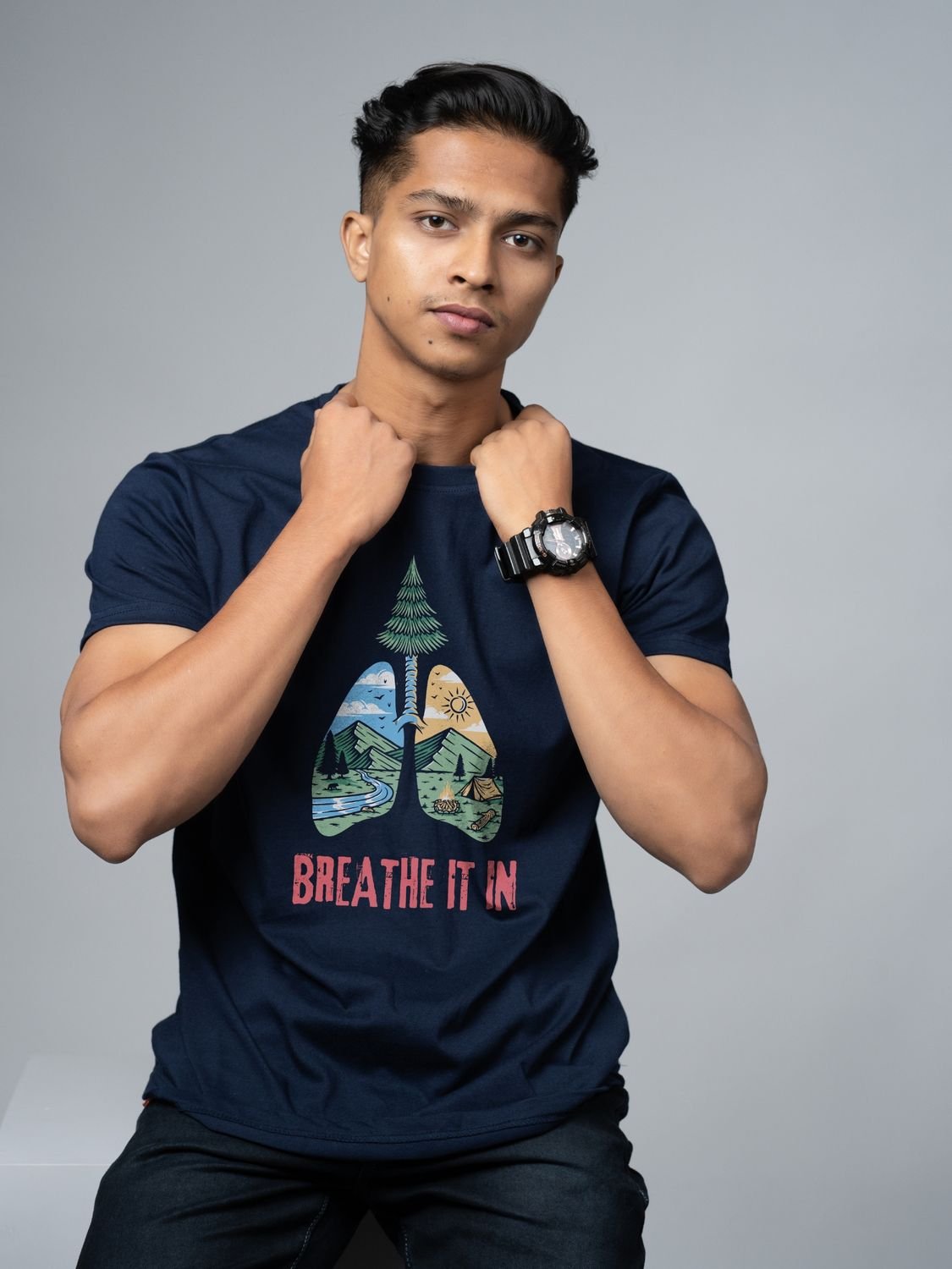 Roads to India® Cotton T-Shirt for Men – Breathe It In Graphic Print Tee | Half Sleeve Round Neck | Unisex Regular & Oversized Fit | 180/220 GSM | White, Golden Yellow | S to 5XL