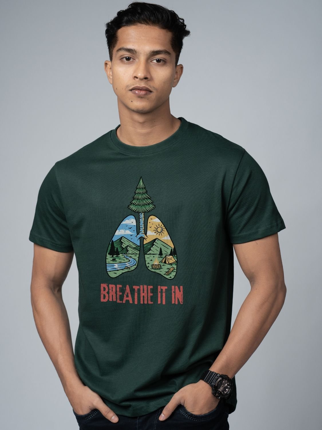 Roads to India® Cotton T-Shirt for Men – Breathe It In Graphic Print Tee | Half Sleeve Round Neck | Unisex Regular & Oversized Fit | 180/220 GSM | White, Golden Yellow | S to 5XL