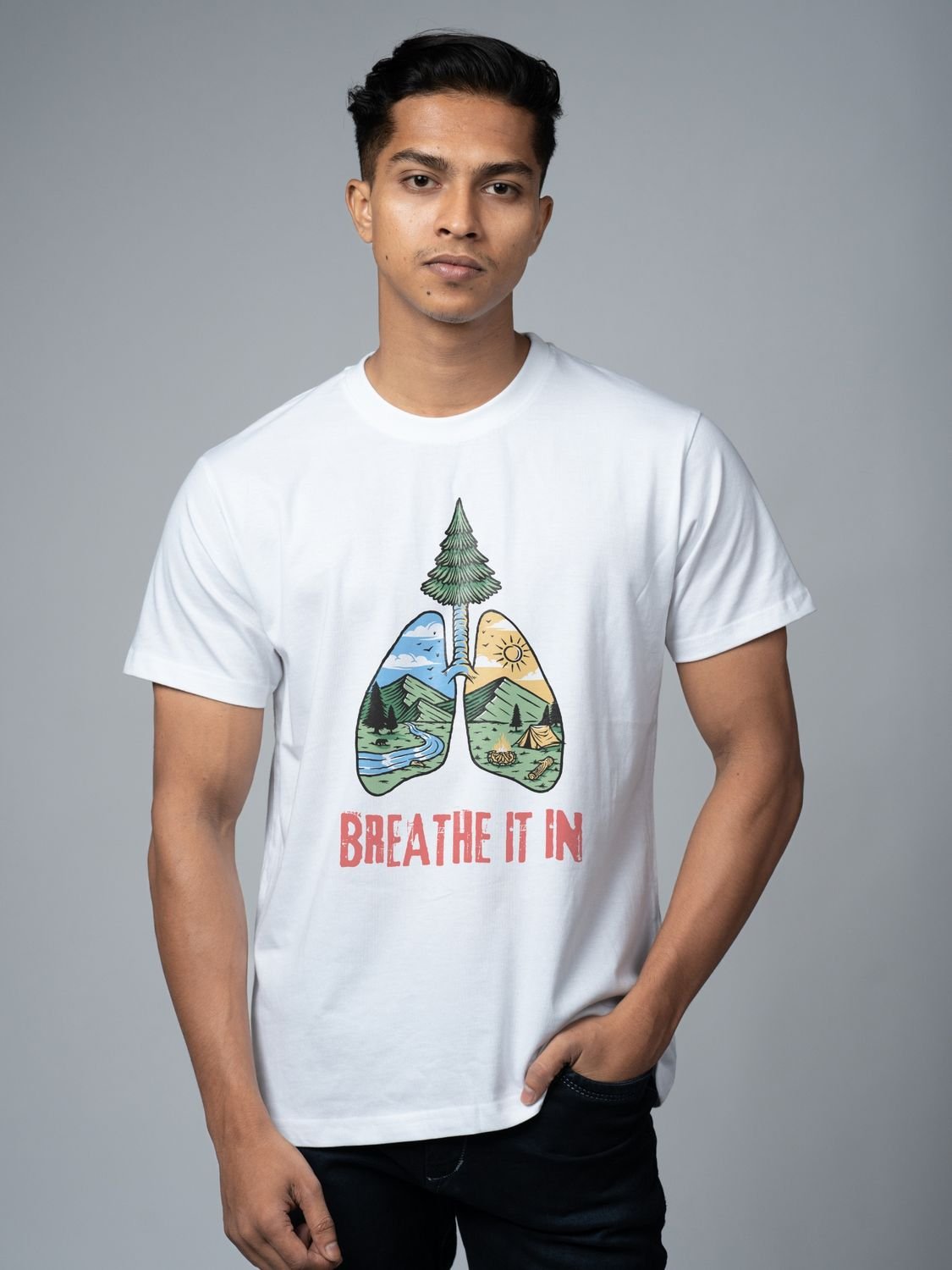 Roads to India® Cotton T-Shirt for Men – Breathe It In Graphic Print Tee | Half Sleeve Round Neck | Unisex Regular & Oversized Fit | 180/220 GSM | White, Golden Yellow | S to 5XL
