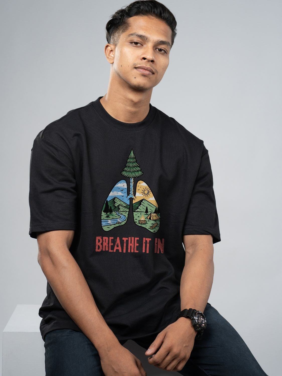 Roads to India® Cotton T-Shirt for Men – Breathe It In Graphic Print Tee | Half Sleeve Round Neck | Unisex Regular & Oversized Fit | 180/220 GSM | White, Golden Yellow | S to 5XL