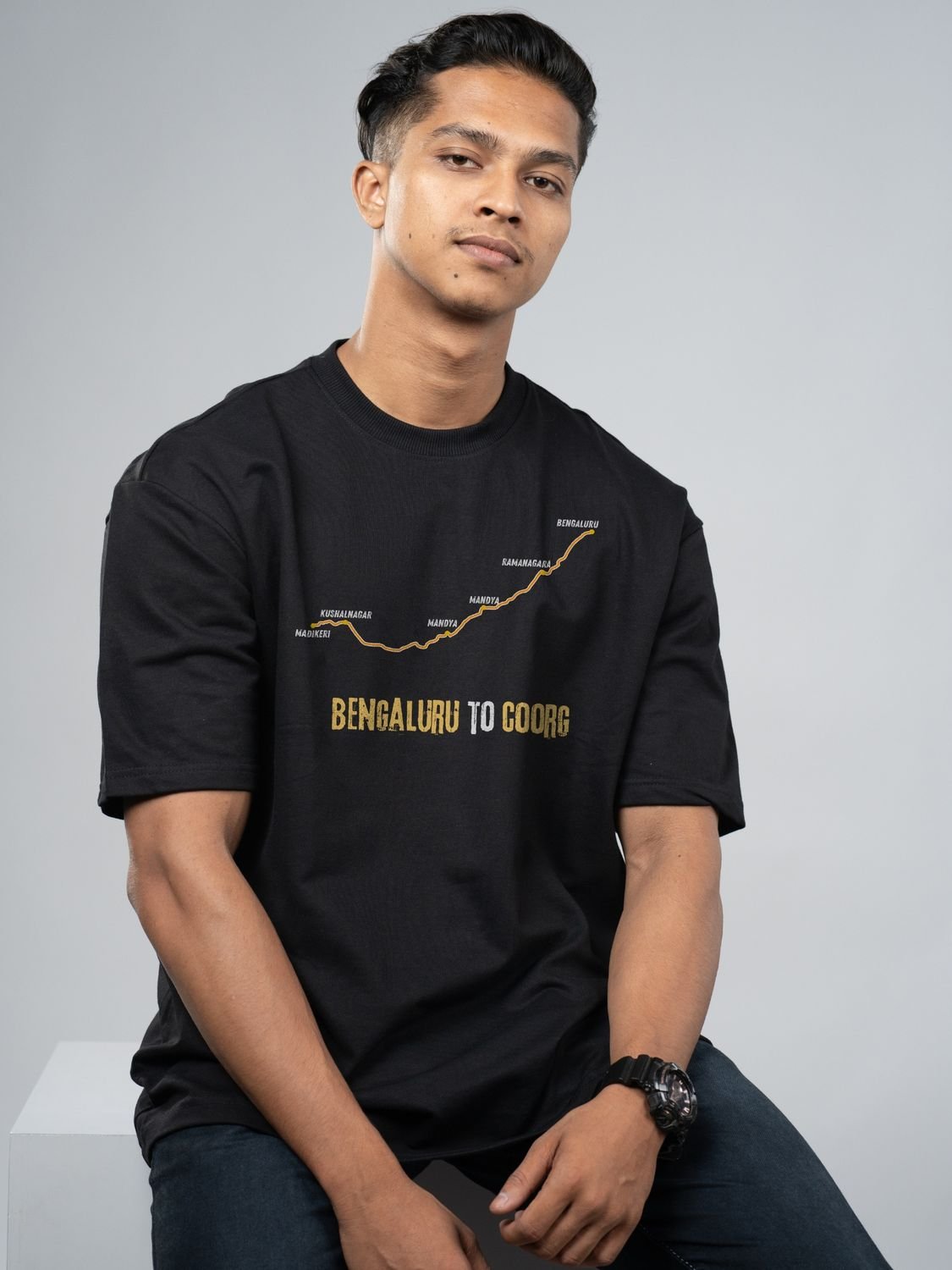 Roads to India® Men's Pure Cotton Travel T-Shirt – Bengaluru to Coorg Graphic Tee | Unisex Fit (Regular & Oversized) | 180/220 GSM | Half Sleeve, Round Neck | S–5XL | Black, Navy Blue