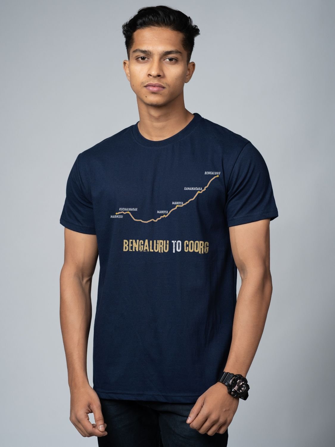 Roads to India® Men's Pure Cotton Travel T-Shirt – Bengaluru to Coorg Graphic Tee | Unisex Fit (Regular & Oversized) | 180/220 GSM | Half Sleeve, Round Neck | S–5XL | Black, Navy Blue