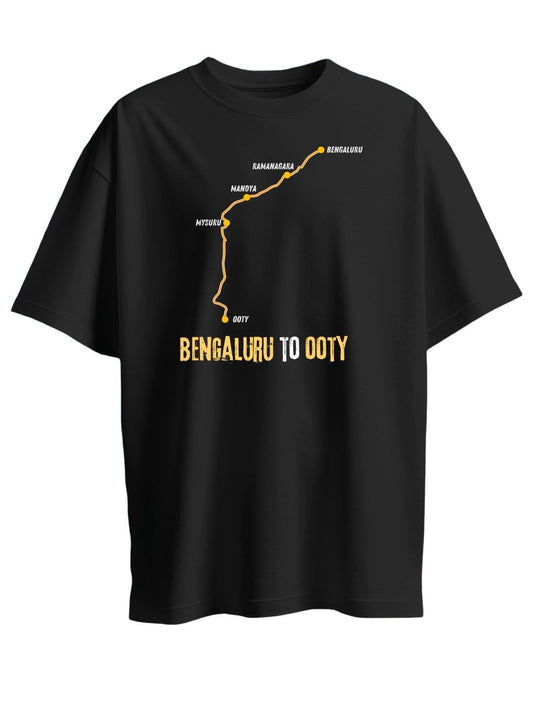 Roads to India® Men's Pure Cotton Travel T-Shirt – Bengaluru to Ooty Roadmap Graphic Tee | Unisex Fit (Regular & Oversized) | 180/220 GSM | Half Sleeve, Round Neck | S–5XL | Black, Navy Blue