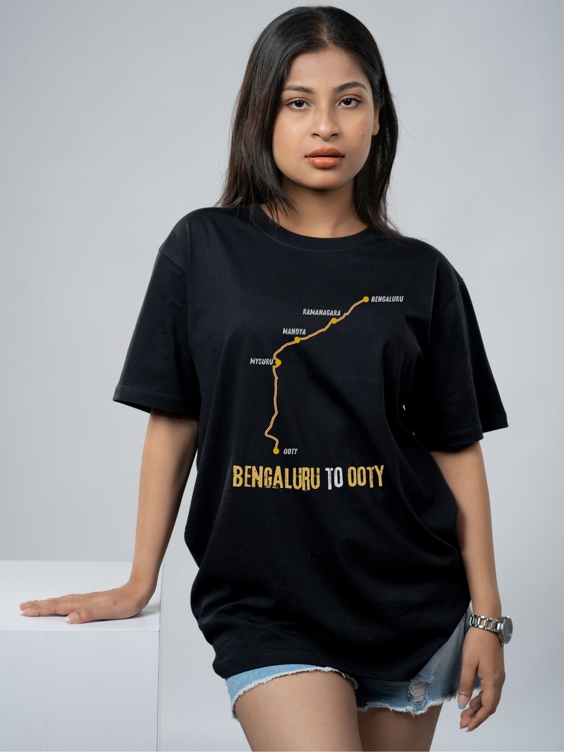 Roads to India® Men's Pure Cotton Travel T-Shirt – Bengaluru to Ooty Roadmap Graphic Tee | Unisex Fit (Regular & Oversized) | 180/220 GSM | Half Sleeve, Round Neck | S–5XL | Black, Navy Blue