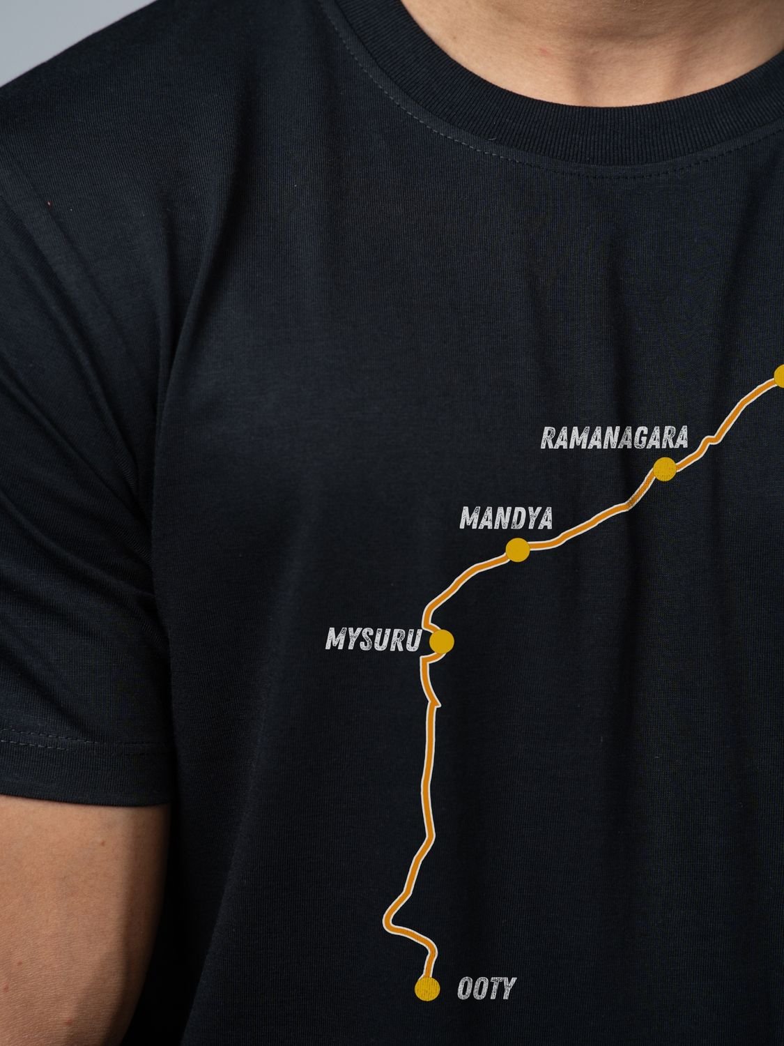 Roads to India® Men's Pure Cotton Travel T-Shirt – Bengaluru to Ooty Roadmap Graphic Tee | Unisex Fit (Regular & Oversized) | 180/220 GSM | Half Sleeve, Round Neck | S–5XL | Black, Navy Blue