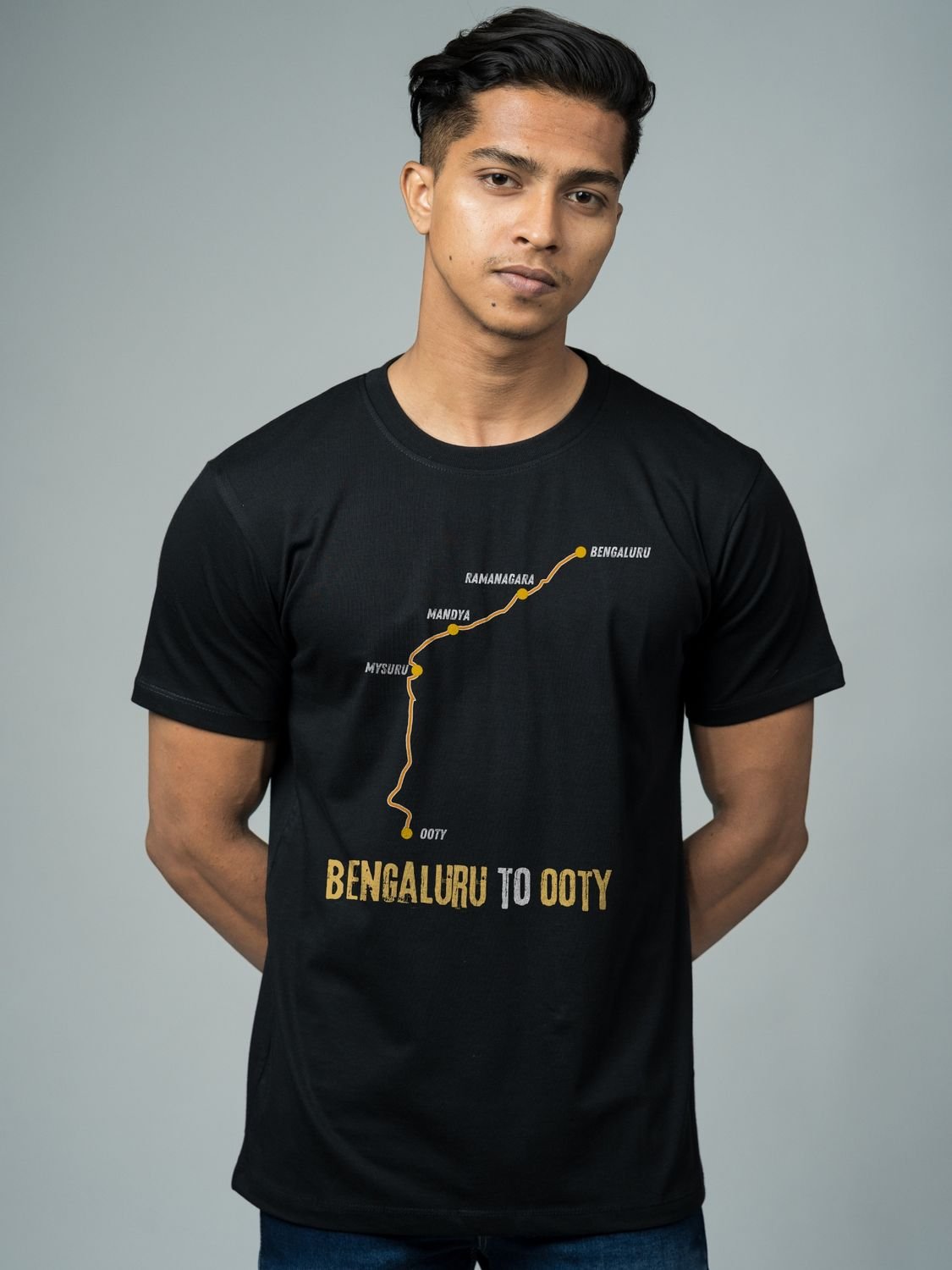 Roads to India® Men's Pure Cotton Travel T-Shirt – Bengaluru to Ooty Roadmap Graphic Tee | Unisex Fit (Regular & Oversized) | 180/220 GSM | Half Sleeve, Round Neck | S–5XL | Black, Navy Blue