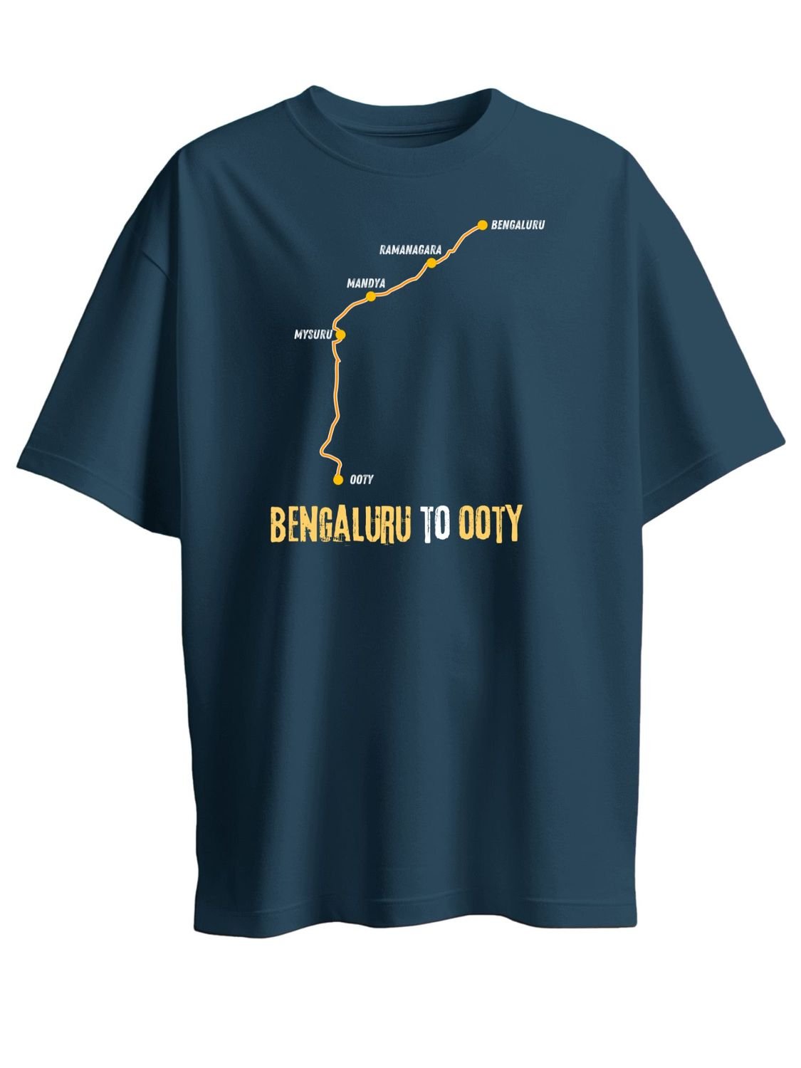 Roads to India® Men's Pure Cotton Travel T-Shirt – Bengaluru to Ooty Roadmap Graphic Tee | Unisex Fit (Regular & Oversized) | 180/220 GSM | Half Sleeve, Round Neck | S–5XL | Black, Navy Blue