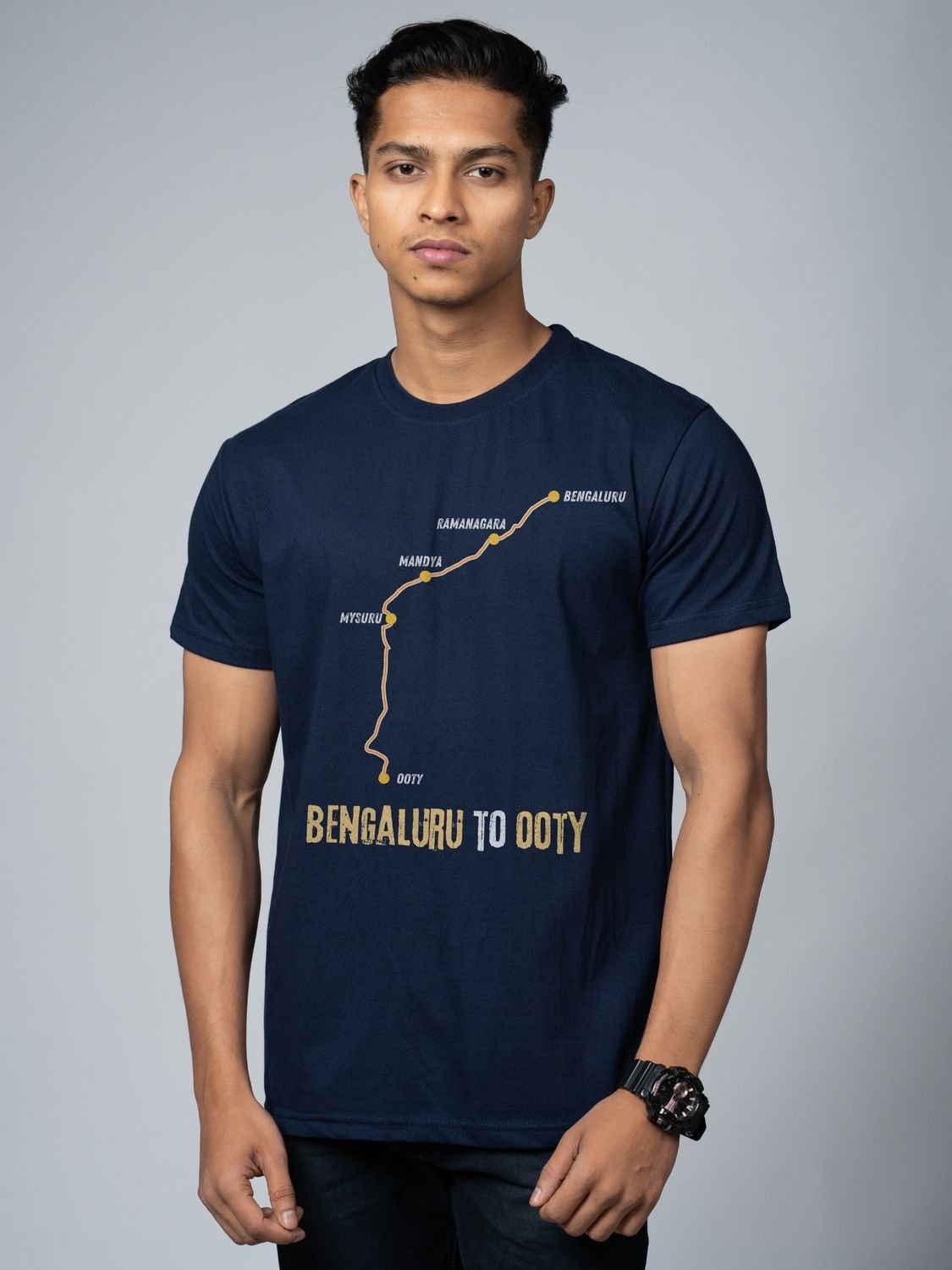 Roads to India® Men's Pure Cotton Travel T-Shirt – Bengaluru to Ooty Roadmap Graphic Tee | Unisex Fit (Regular & Oversized) | 180/220 GSM | Half Sleeve, Round Neck | S–5XL | Black, Navy Blue