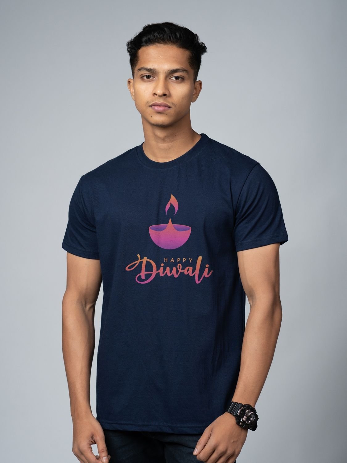Roads to India® T-Shirt for Men – 100% Cotton Diwali Diya Half Sleeve Round Neck Graphic Print Tee | Unisex Regular & Oversized Fit | 180/220 GSM | S–5XL | Black, Navy Blue, White, Olive Green, Yellow