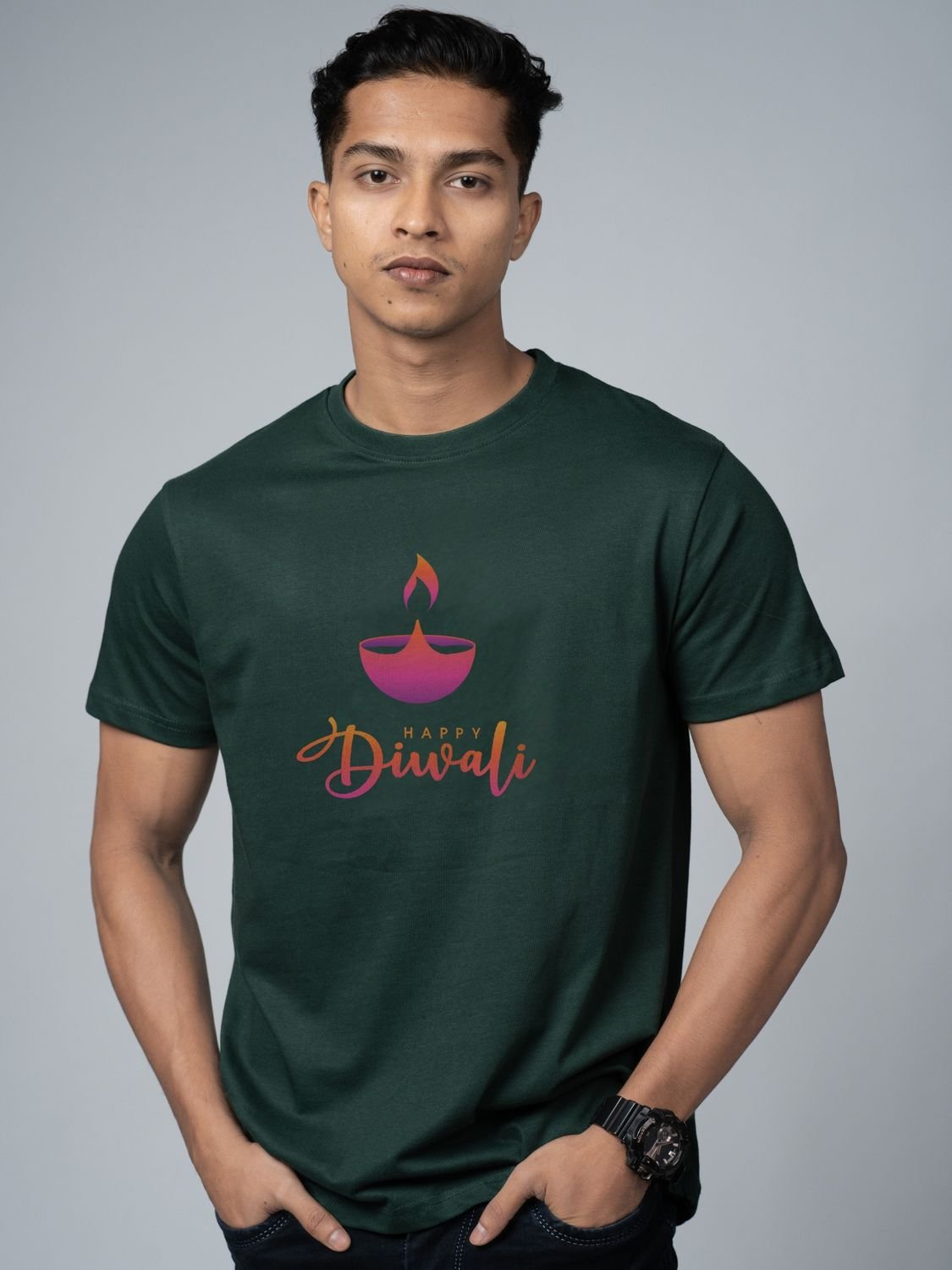 Roads to India® T-Shirt for Men – 100% Cotton Diwali Diya Half Sleeve Round Neck Graphic Print Tee | Unisex Regular & Oversized Fit | 180/220 GSM | S–5XL | Black, Navy Blue, White, Olive Green, Yellow