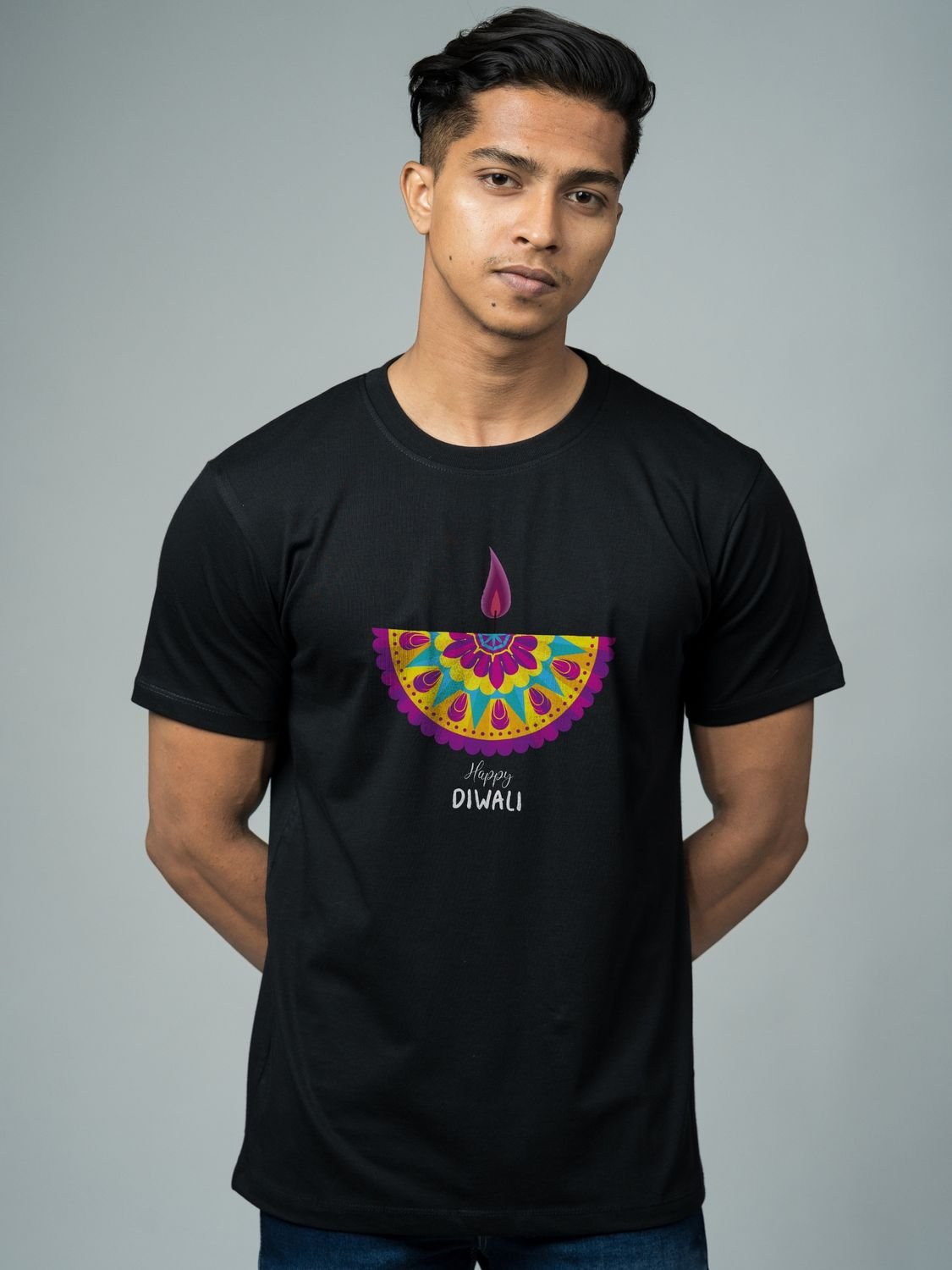 Roads to India® T-Shirt for Men – 100% Cotton Diwali Half Sleeve Round Neck Graphic Print Tee | Unisex Regular & Oversized Fit | 180/220 GSM | S–5XL | Black, Navy Blue, Red, Yellow