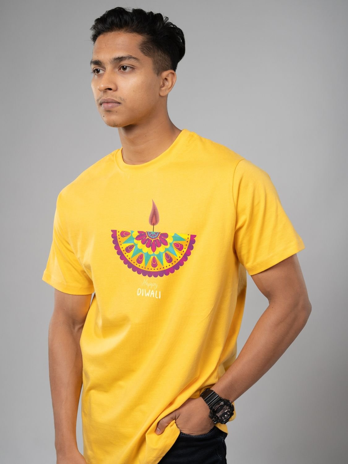 Roads to India® T-Shirt for Men – 100% Cotton Diwali Half Sleeve Round Neck Graphic Print Tee | Unisex Regular & Oversized Fit | 180/220 GSM | S–5XL | Black, Navy Blue, Red, Yellow