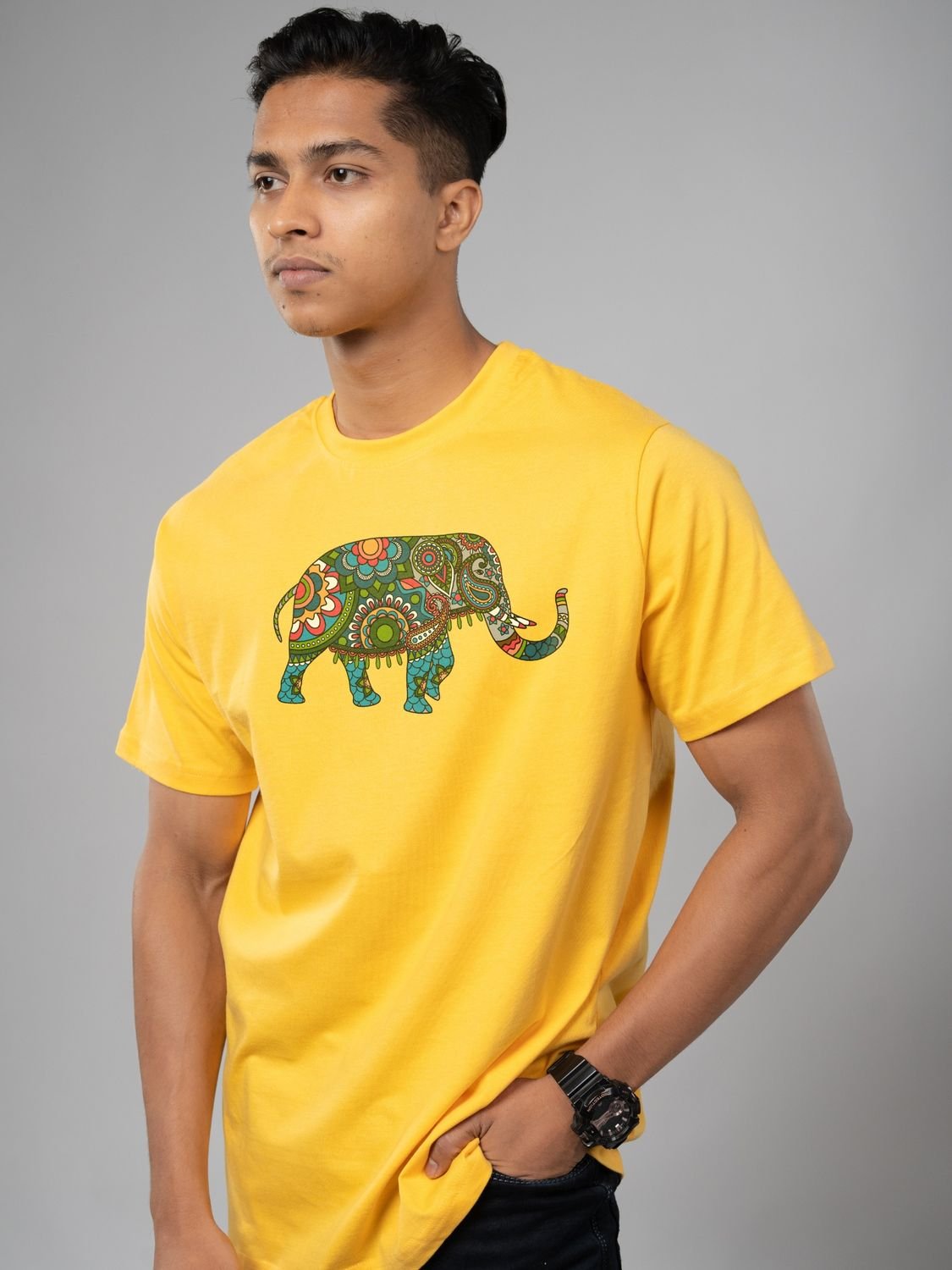 Roads to India® T-Shirt for Men – 100% Cotton Elephant Half Sleeve Round Neck Graphic Print Tee | Unisex Regular & Oversized Fit | 180/220 GSM | S–5XL | White, Yellow, Black
