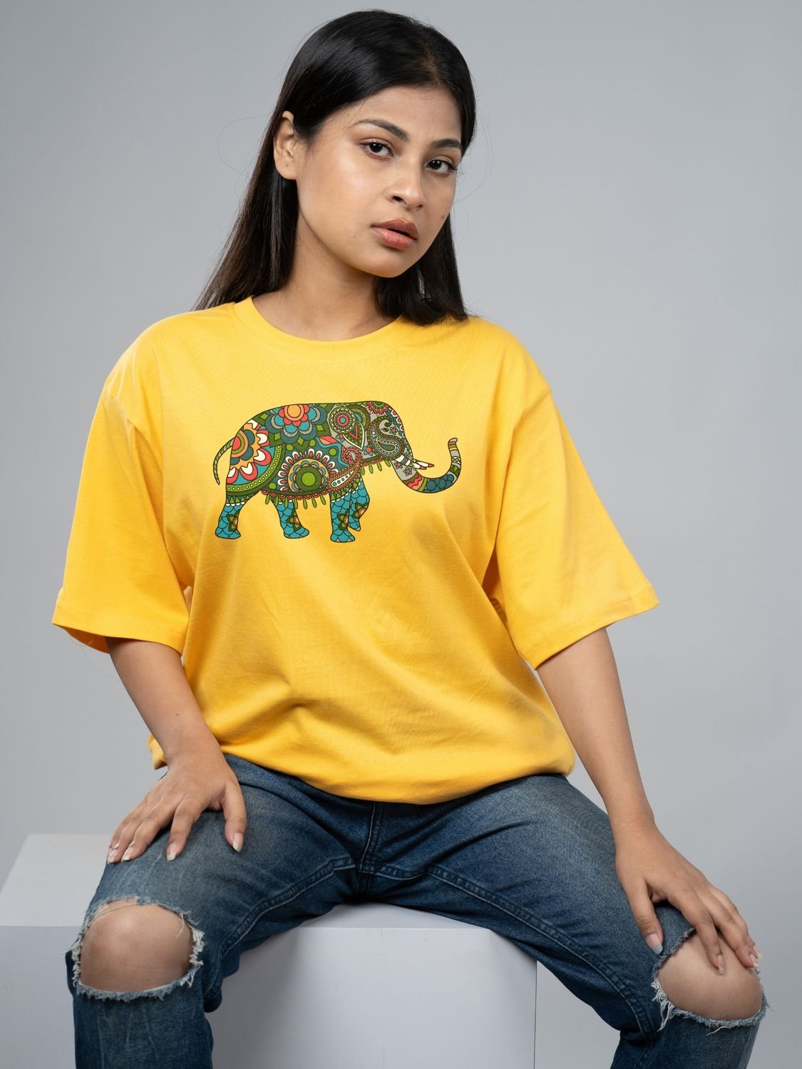 Roads to India® T-Shirt for Men – 100% Cotton Elephant Half Sleeve Round Neck Graphic Print Tee | Unisex Regular & Oversized Fit | 180/220 GSM | S–5XL | White, Yellow, Black
