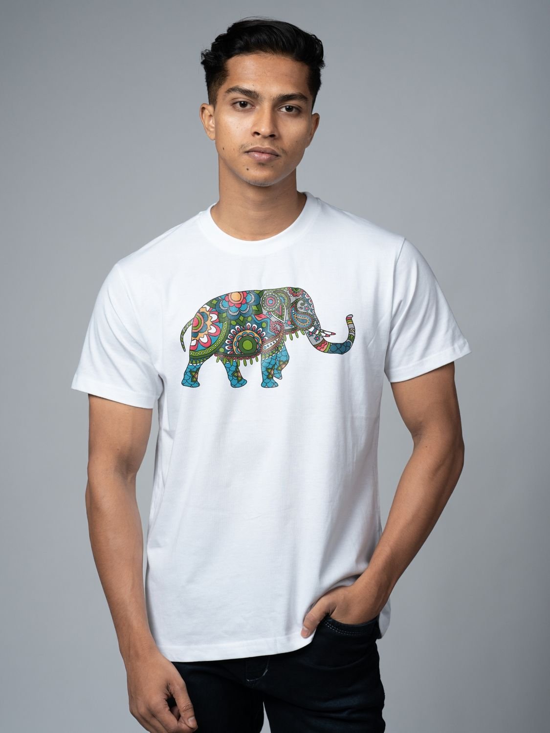 Roads to India® T-Shirt for Men – 100% Cotton Elephant Half Sleeve Round Neck Graphic Print Tee | Unisex Regular & Oversized Fit | 180/220 GSM | S–5XL | White, Yellow, Black